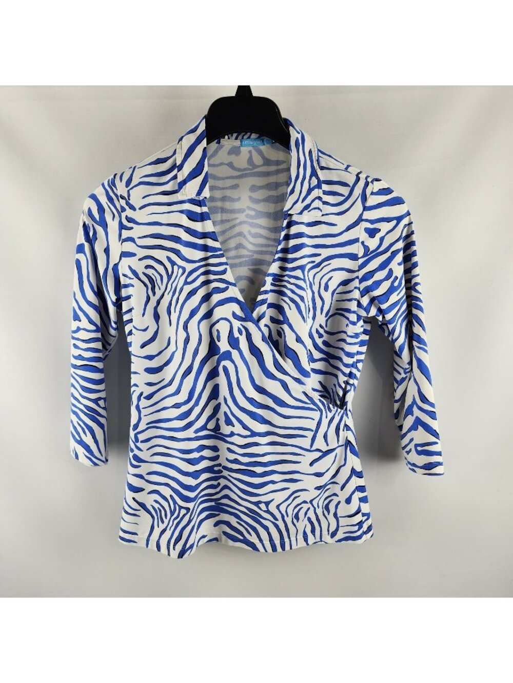J McLaughlin Shirt Womens Medium Multi Zebra Crossover Wrap Blouse 3/4 Sleeve